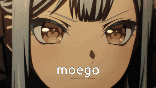 a close up of a girl 's face with the word moego written below it