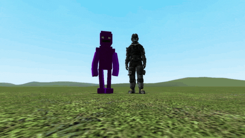 a man standing next to a large purple robot in a field