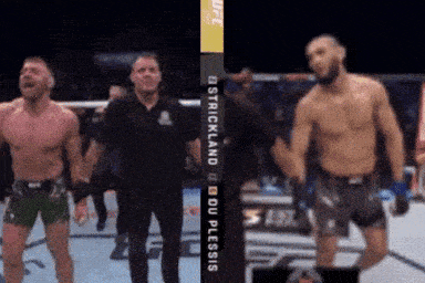 two fighters are standing in front of a sign that says ostrichland du plessis