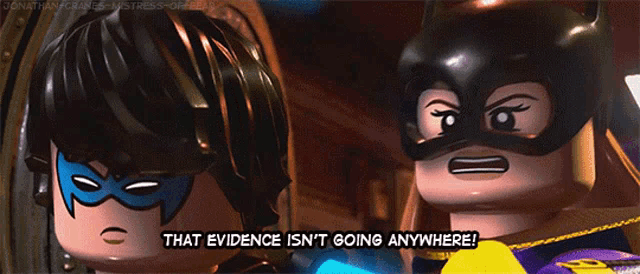 a cartoon character says that evidence isn 't going anywhere while standing next to another character