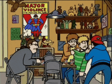 a cartoon scene with a poster for major violence