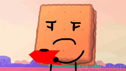 a cartoon drawing of a cracker with a sad face and a red arrow in its mouth