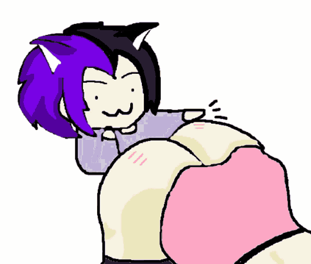 a cartoon character with purple hair and cat ears is being held by a person in a pink shirt .