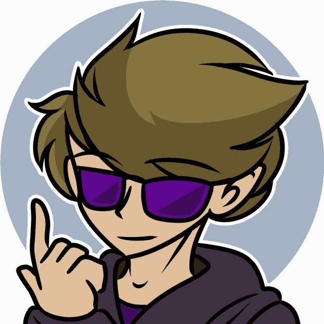 a cartoon of a person wearing purple sunglasses and a purple hoodie