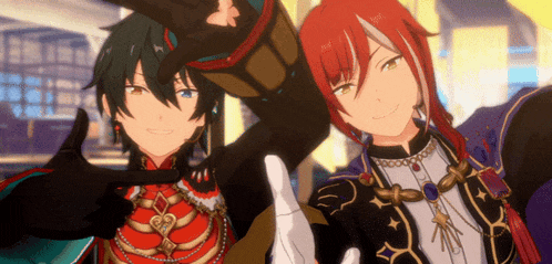two anime characters are standing next to each other