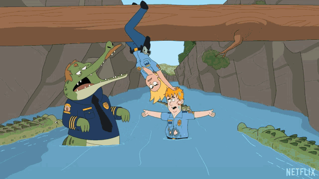 a cartoon of a man falling into a river with a netflix logo