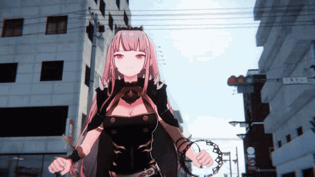 a girl with pink hair is standing in front of a building with a sign that says oioio