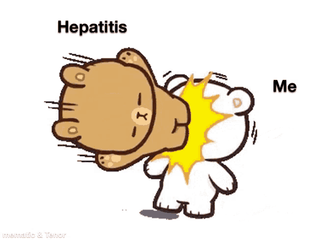 a cartoon of a teddy bear being punched by another teddy bear with the words " hepatitis " written above it