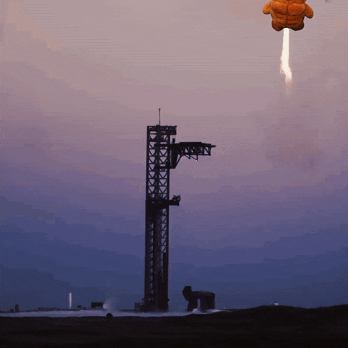 a teddy bear is flying through the air in front of a tower