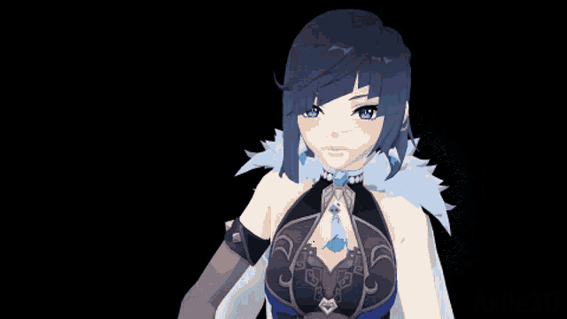 a girl with blue hair and a blue necklace stands in the dark