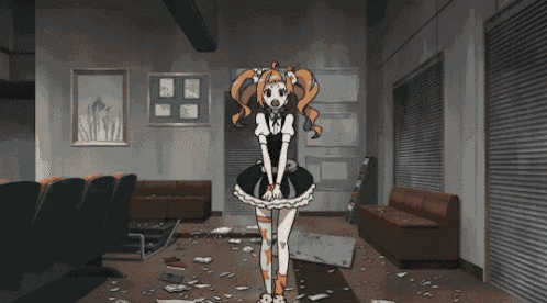 a girl in a maid outfit is standing in a messy room with her hands on her head