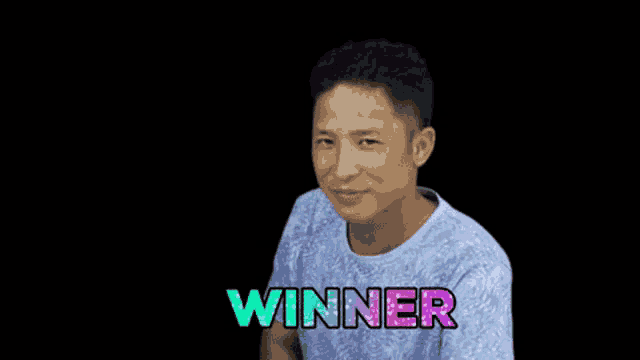 a man is wearing a blue shirt with the word winner on it