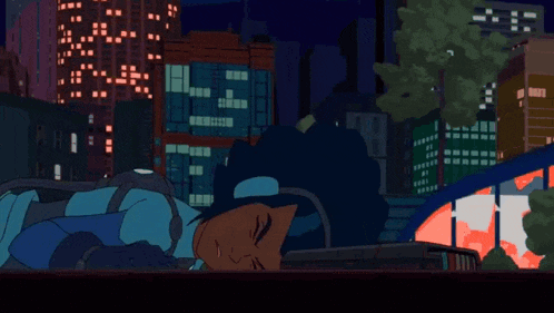 a cartoon drawing of a city at night with lightning strikes