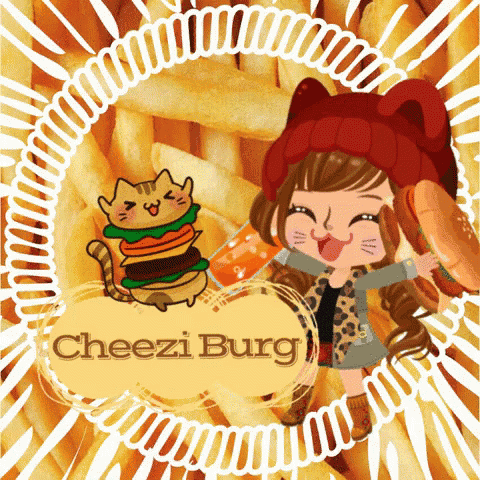 a picture of a girl holding a hot dog and a cat with the words cheezi burg