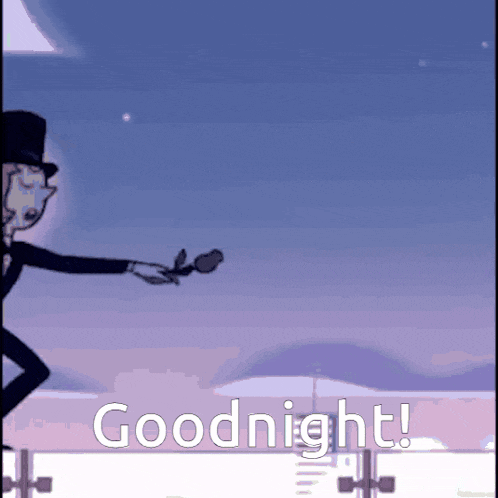 a cartoon of a man in a top hat holding a rose with the words " goodnight " below him