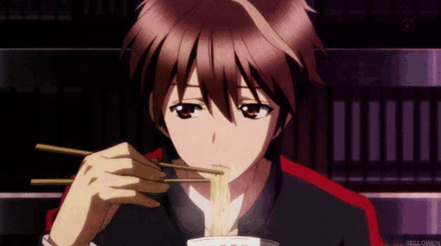 a boy is eating noodles with chopsticks and the word bellowen is on the bottom right