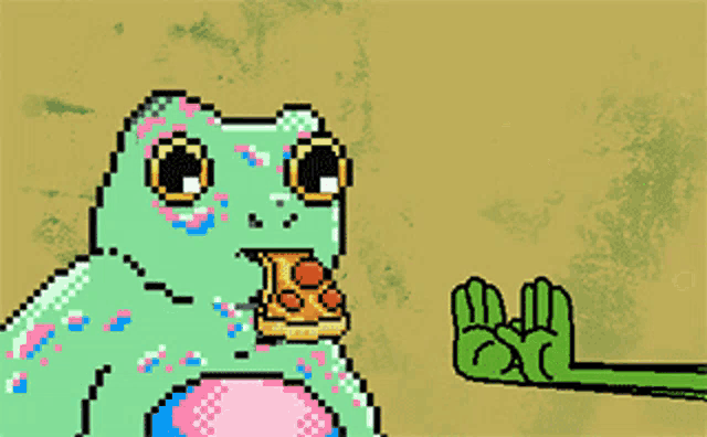 a pixel art of a frog eating a pizza with the letters gm behind it