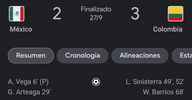 a screenshot of a soccer game between mexico and colombia shows a score of 3 to 2