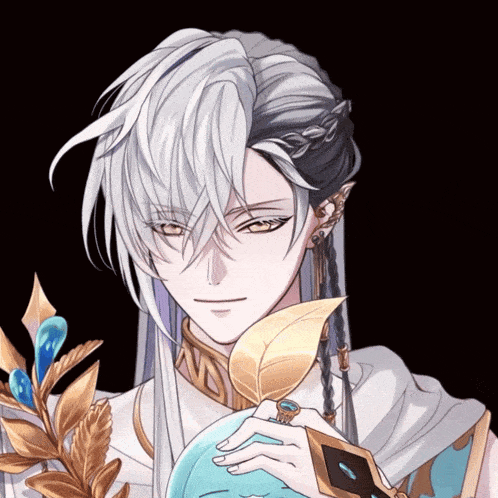 a drawing of a man with long white hair and a ring on his finger