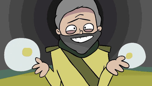 a cartoon of a man with a beard is holding two eggs