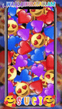 a phone screen with hearts and smiley faces and the words waalaikumsalam