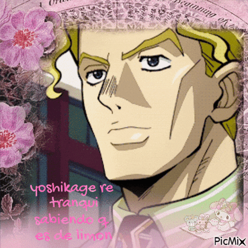 a picture of a man with the words yoshikage re tranquili sabiendo el de limon