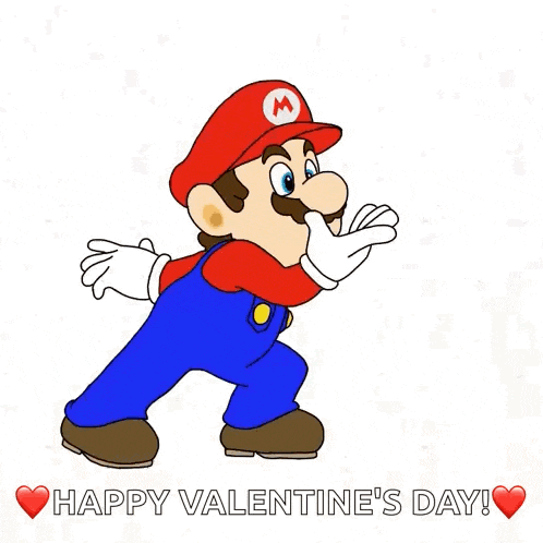 a cartoon of mario blowing a heart with the words happy valentine 's day