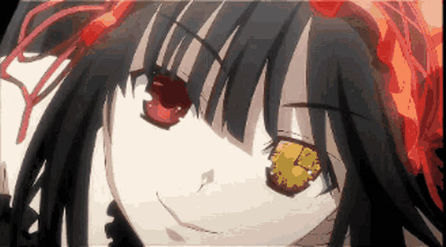 a close up of a girl with red eyes