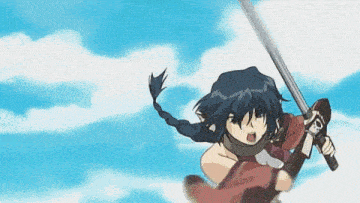 a girl with a braid is holding a sword in the air