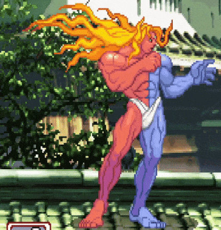 a pixel art drawing of a man in a red and blue outfit