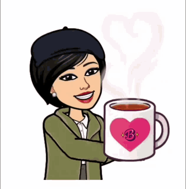 a cartoon woman is holding a cup of coffee with a heart on it and the letter b on it