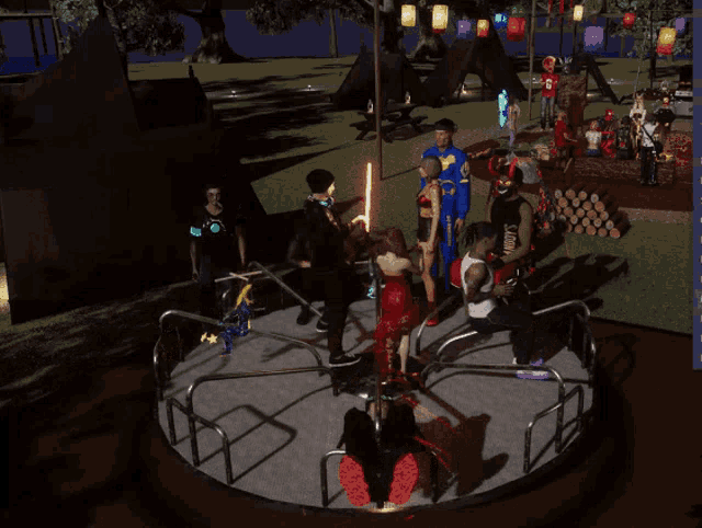 a group of people are standing around a merry go round in a park