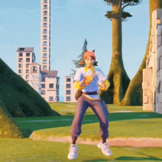 a person in a video game is dancing in front of a tall building