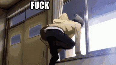 a man is crawling out of a window with the word fuck written on it .