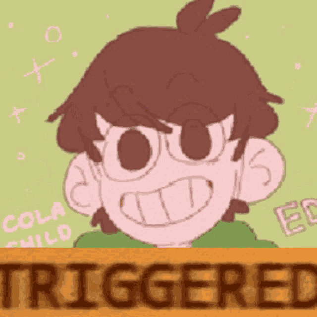 a cartoon of a boy with a sign that says triggered on it