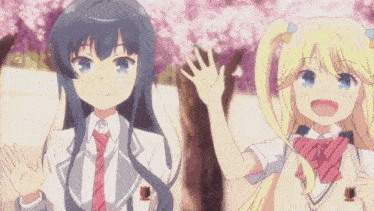two anime girls are waving their hands in front of a tree with cherry blossoms