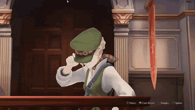 a screenshot of a video game shows a man wearing a green hat and a white shirt