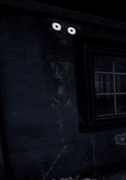 a skeleton with big eyes is standing in front of a window on a wall .