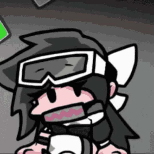 a cartoon character is wearing goggles and a mask on his face