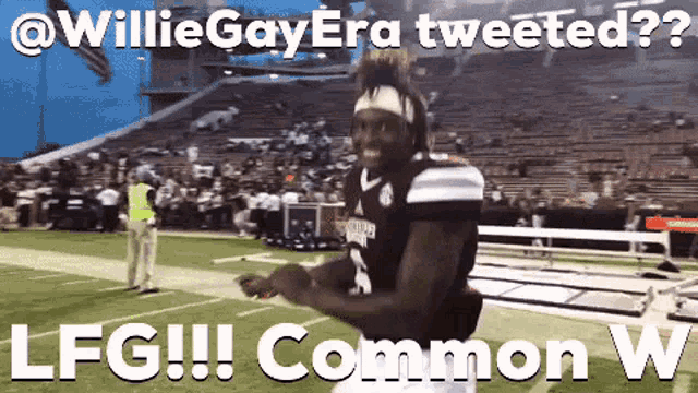 a football player is running on a field with the caption " willie gay era tweeted "