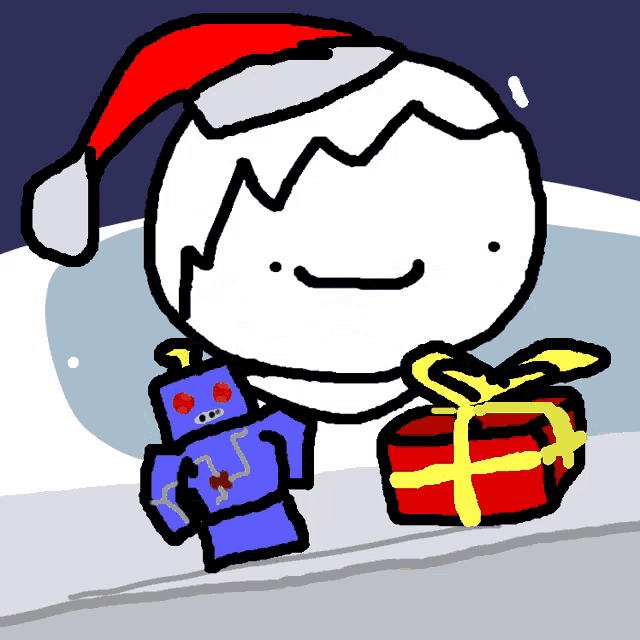 a cartoon character wearing a santa hat is holding a blue robot and a gift box