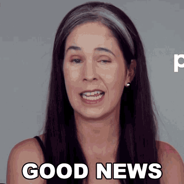 a woman says good news in front of a p logo