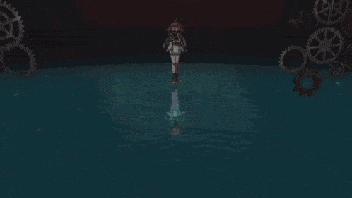 a girl with red hair is standing in a dark room with gears in the background