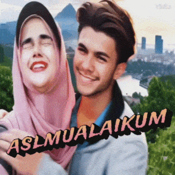 a man and a woman are posing for a picture with the words " aslmualaikum " above them
