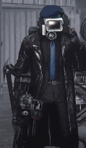 a man in a suit and tie with a gas mask on his head