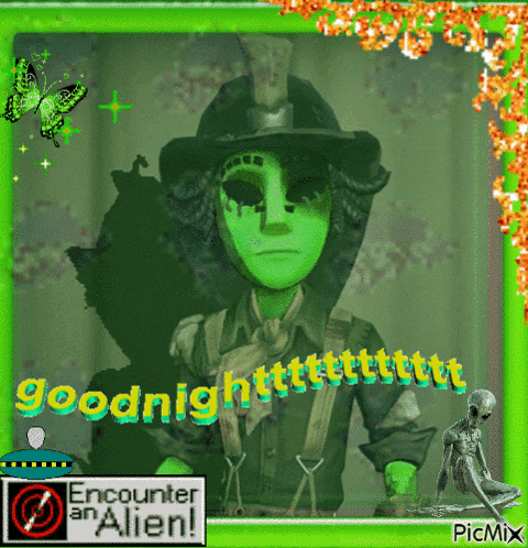 a picture of a green alien with the words goodnight written on it