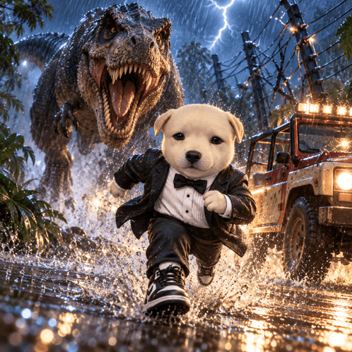 a puppy in a tuxedo is running from a dinosaur