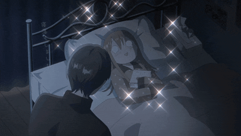 a cartoon of a girl laying in bed with a man standing next to her