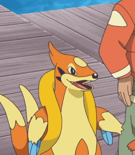 a cartoon of a fox with its mouth open standing next to a man