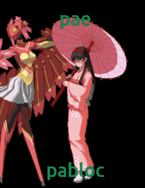 a pixel art of a woman in a kimono holding an umbrella with the words pae pabloc written in green